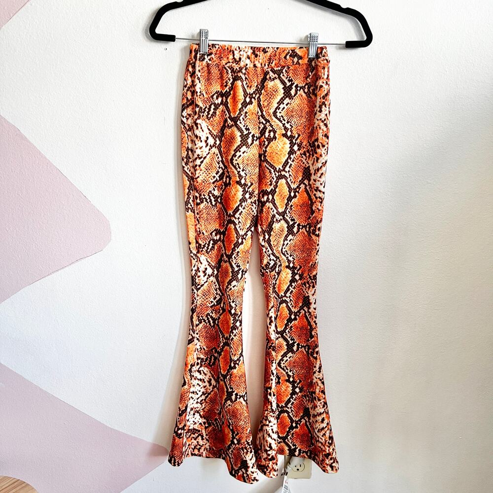 Orange‎ Snake Print Bell Bottom Pants, Y2K, Festival, Edgy, Retro, 2000s, Size 0